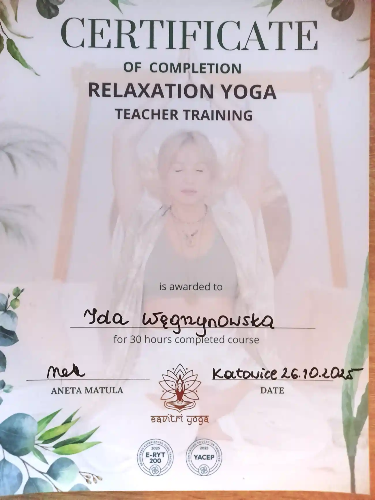 Certyfikat nauczycielski jogi