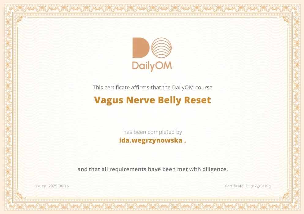 Certyfikat DailyOM zwiazany z praktyka i nauczaniem jogi